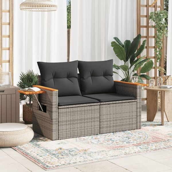 vidaXL Garden Sofa with Cushions 2-Seater Grey Poly Rattan