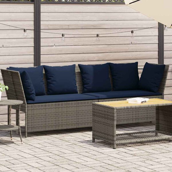 vidaXL Garden Sofa with Cushions Grey Poly Rattan