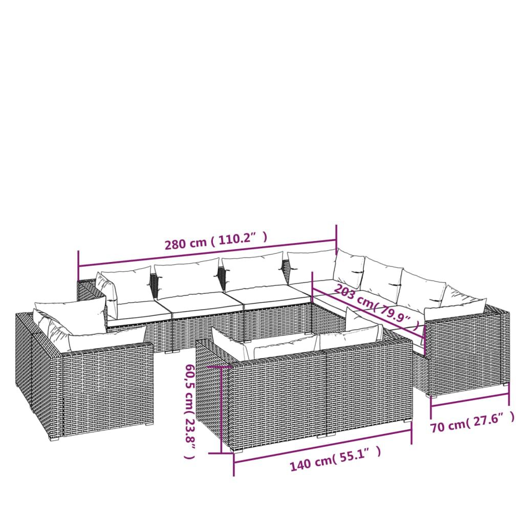vidaXL 11 Piece Garden Lounge Set with Cushions Brown Poly Rattan