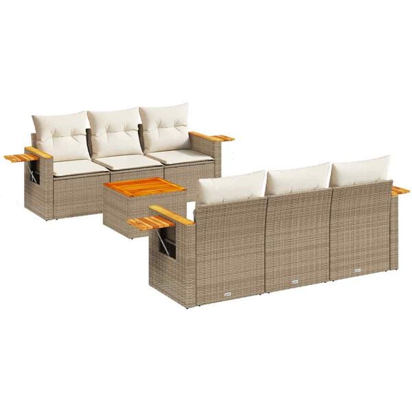 vidaXL 7 Piece Garden Sofa Set with Cushions Beige Poly Rattan