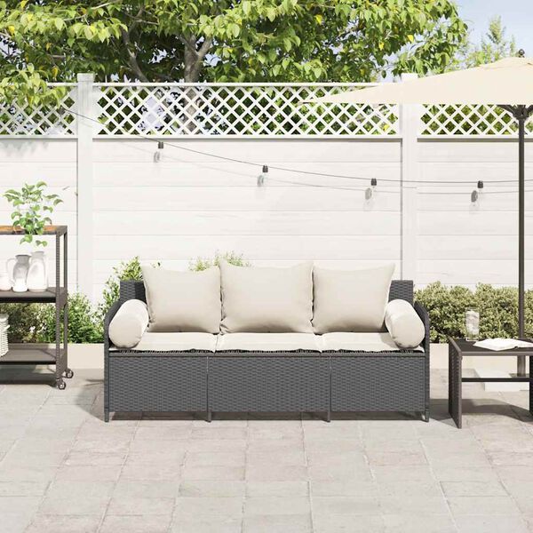 vidaXL Garden Sofa with Cushions 3-Seater Black Poly Rattan
