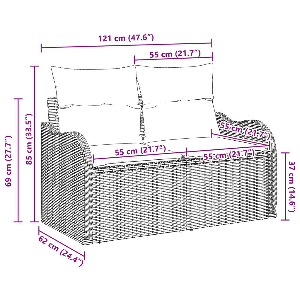 vidaXL 2-Seater Garden Sofa with Cushions in Black Poly Rattan