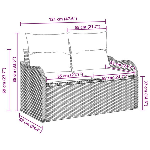 vidaXL 2-Seater Garden Sofa with Cushions in Black Poly Rattan
