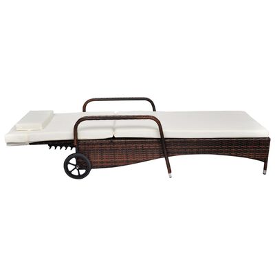 vidaXL Sun Lounger with Cushion & Wheels Poly Rattan Brown
