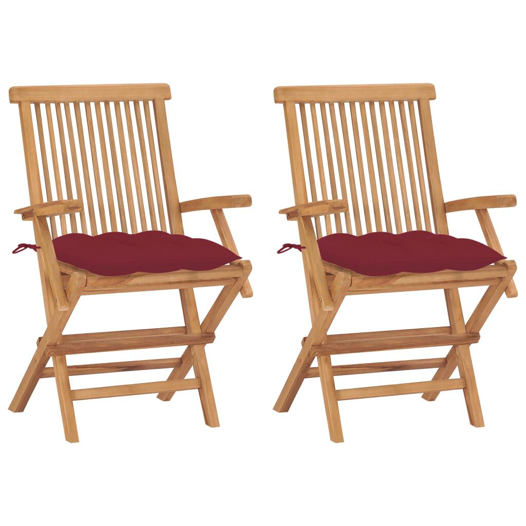 vidaXL Garden Chairs with Wine Red Cushions 2 pcs Solid Teak Wood (41999+314887)