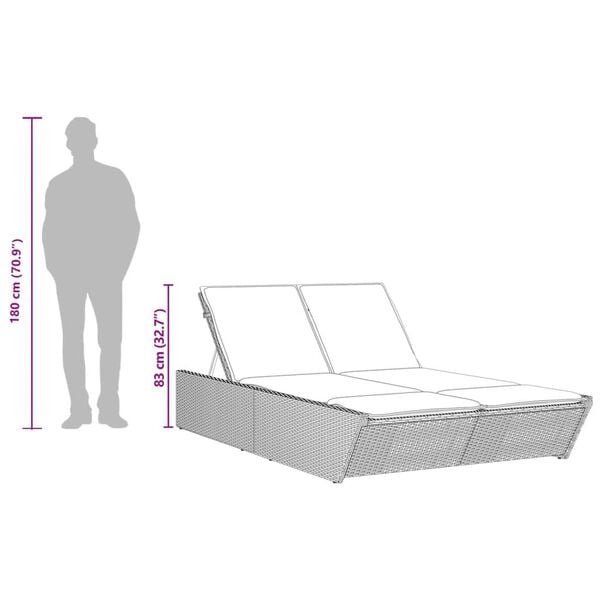 vidaXL Double Sun Lounger with Cushions Brown Poly Rattan