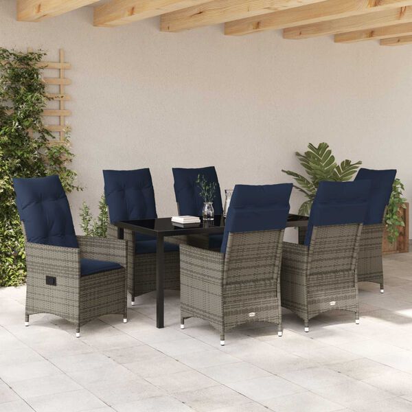 vidaXL Table and Chair Set with Cushion 7 pcs Grey PE Rattan