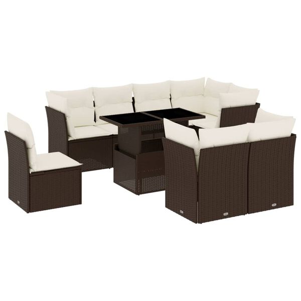 vidaXL 9 Piece Garden Sofa Set with Cushions Brown Poly Rattan