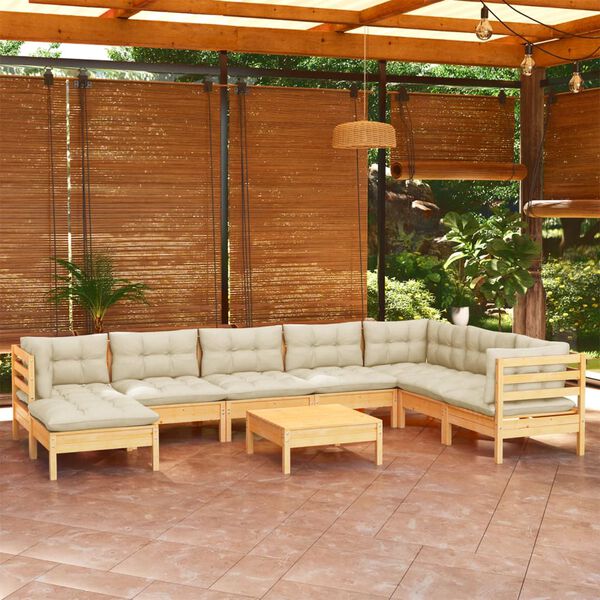 vidaXL 9 Piece Garden Lounge Set with Cream Cushions Solid Pinewood