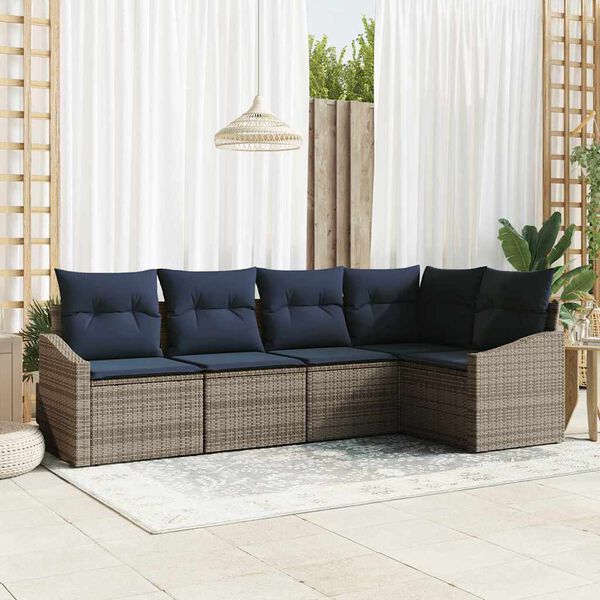 vidaXL Sofa Set with Cushion 5 pcs Grey Poly Rattan