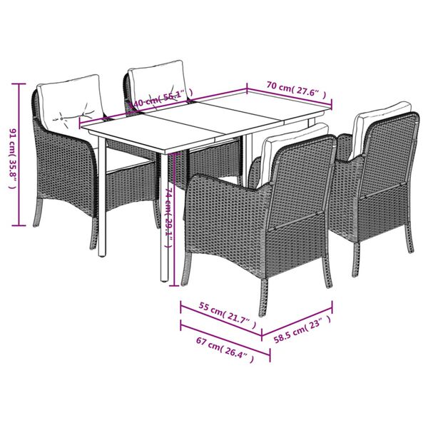 vidaXL 5 Piece Garden Dining Set with Cushions Brown Poly Rattan