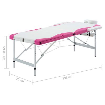 vidaXL 3-Zone Foldable Massage Table Aluminium White and Pink