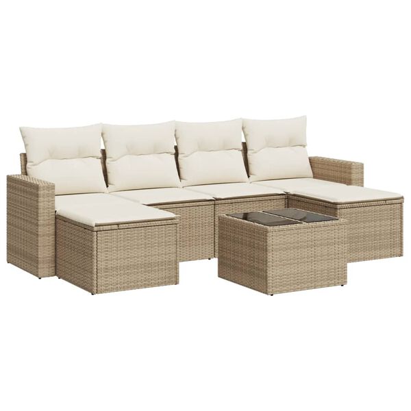 vidaXL 7 Piece Garden Sofa Set with Cushions Beige Poly Rattan