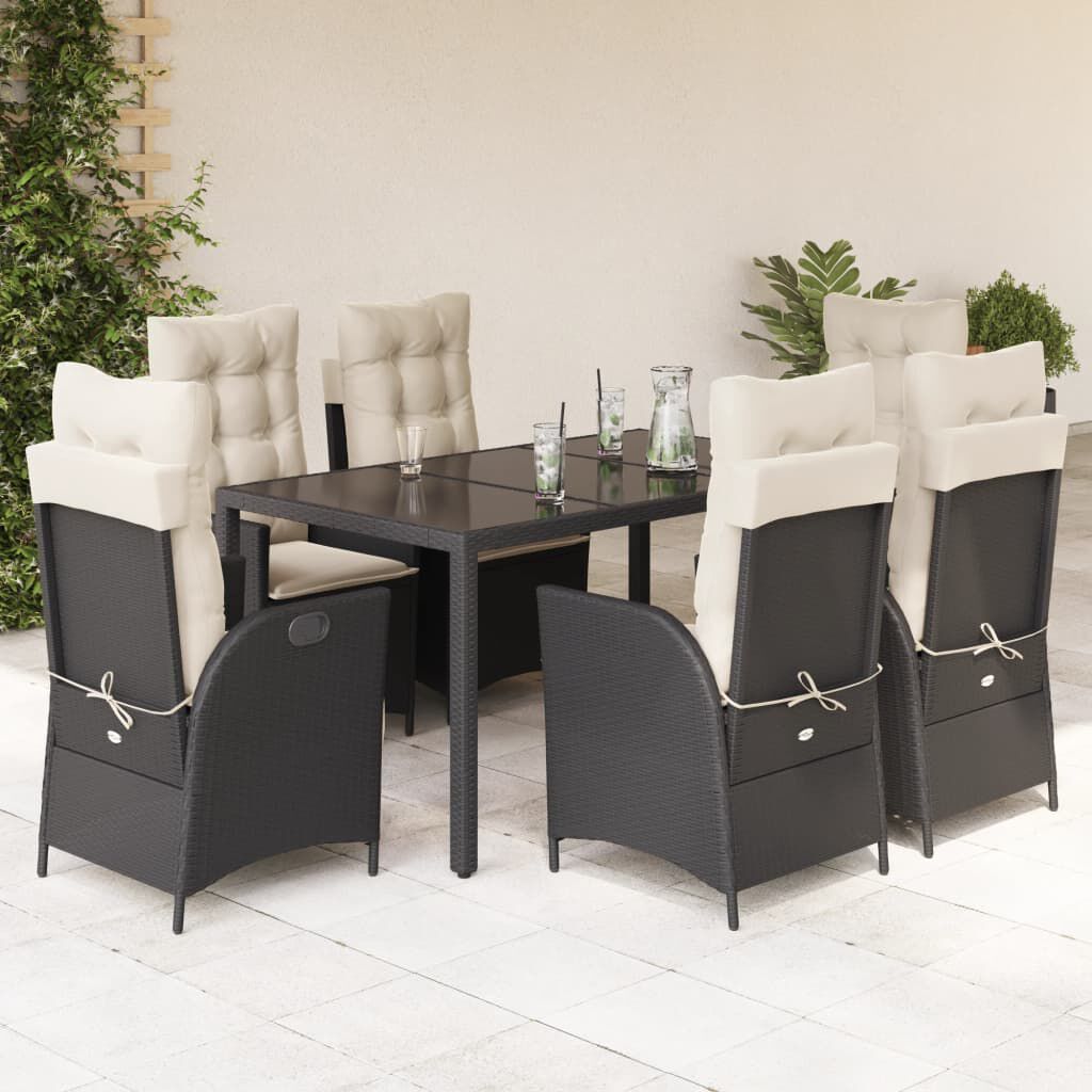 vidaXL 7 Piece Garden Dining Set with Cushions Black Poly Rattan