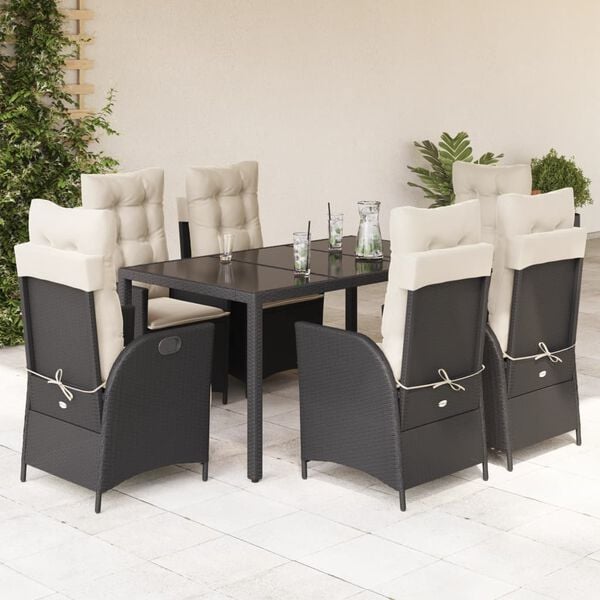 vidaXL 7 Piece Garden Dining Set with Cushions Black Poly Rattan