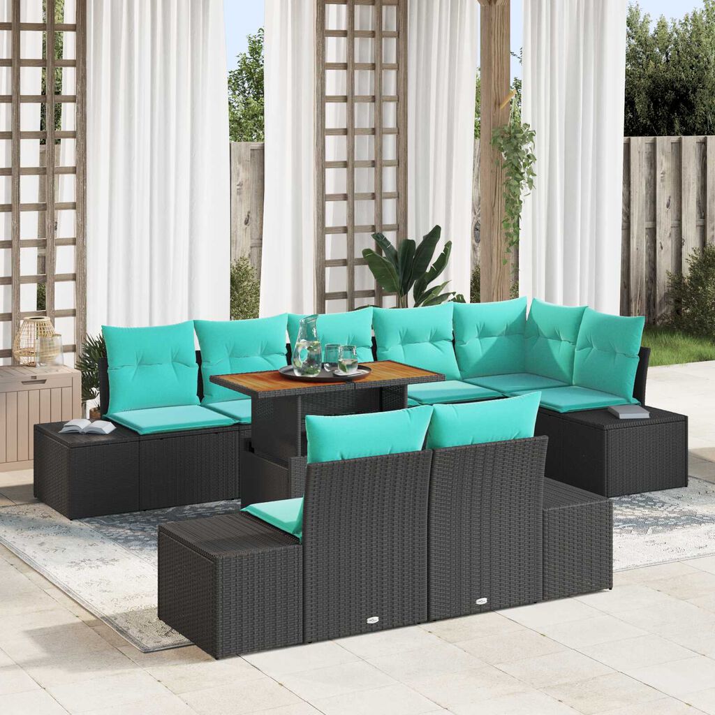 vidaXL 9 Piece Garden Sofa Set with Cushions Black Poly Rattan Acacia
