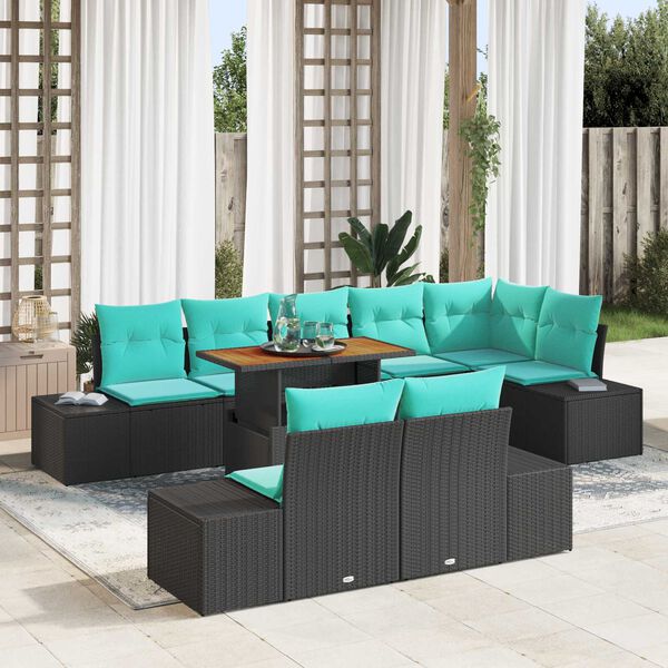 vidaXL 9 Piece Garden Sofa Set with Cushions Black Poly Rattan Acacia