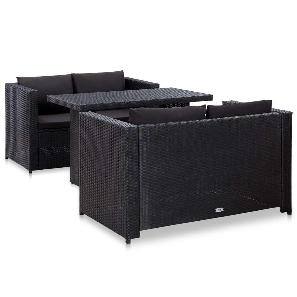 vidaXL 3 Piece Garden Lounge Set with Cushions Poly Rattan Black