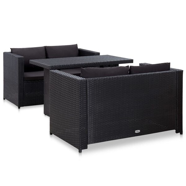 vidaXL 3 Piece Garden Lounge Set with Cushions Poly Rattan Black