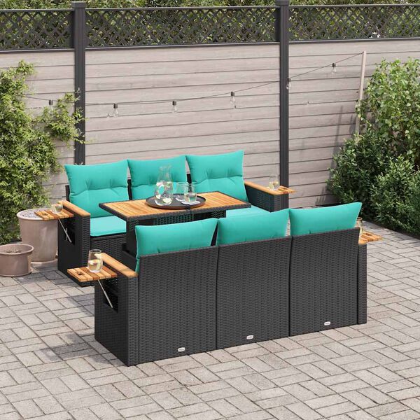 vidaXL 7 Piece Garden Sofa Set with Cushions Black Poly Rattan