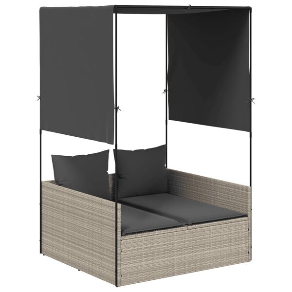 vidaXL Double Sun Lounger with Roof and Curtains Light Grey Poly Rattan