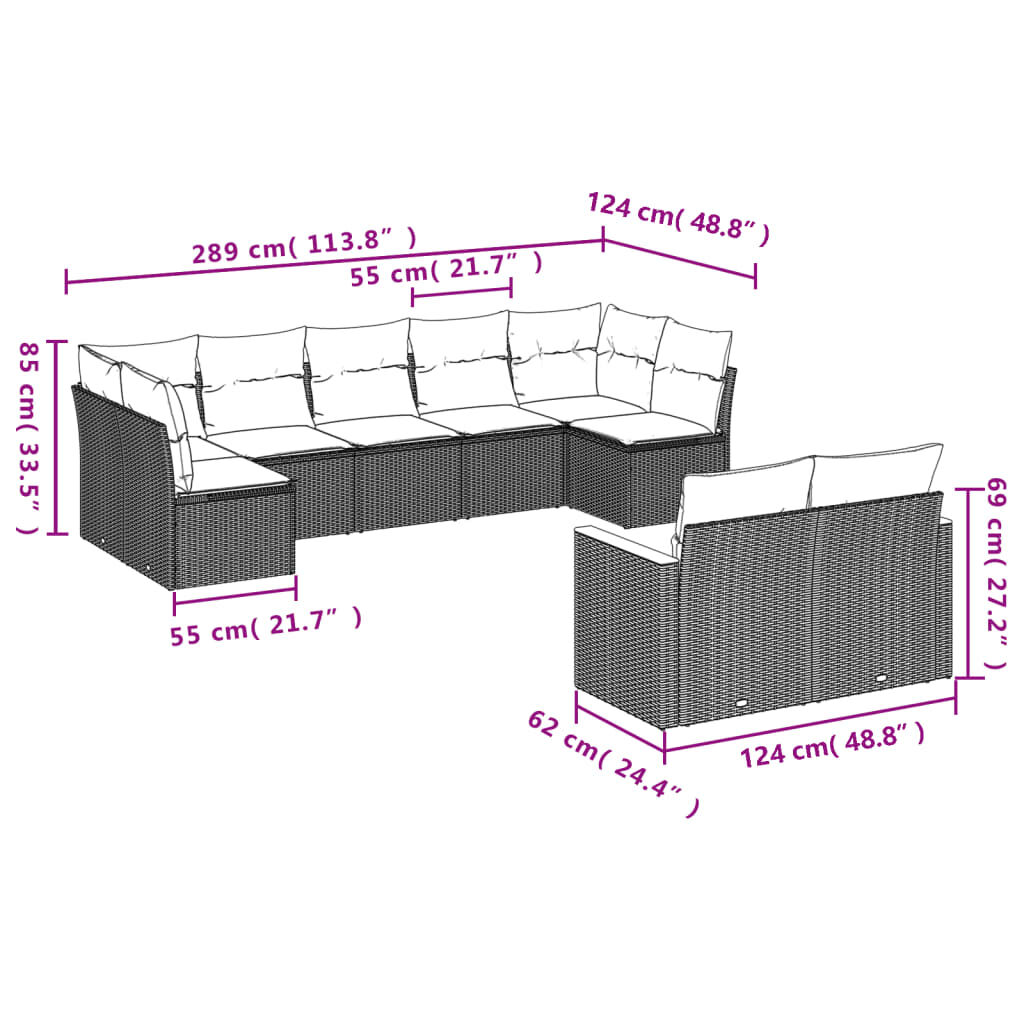 vidaXL 9 Piece Garden Sofa Set with Cushions Black Poly Rattan