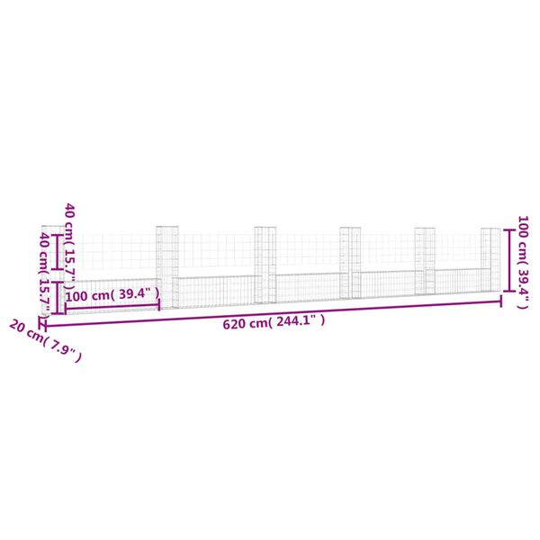 vidaXL U-shape Gabion Basket with 6 Posts Iron 620x20x100 cm