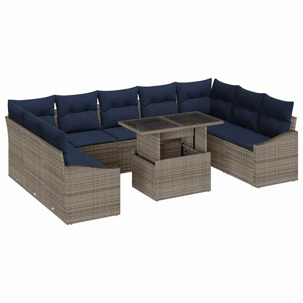 vidaXL Sofa Set with Cushion Manual 10 pcs Black and Blue Poly Rattan