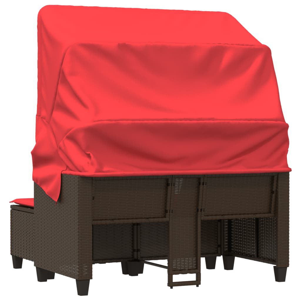 vidaXL Garden Sofa 2-Seater with Canopy and Stools Brown Poly Rattan