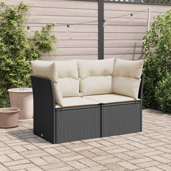 vidaXL Garden Sofa with Cushions 2-Seater Black Poly Rattan