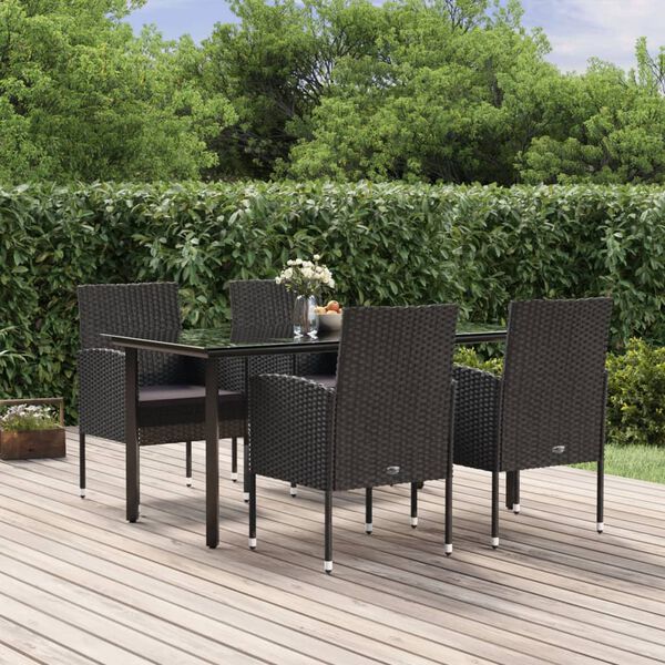 vidaXL 5 Piece Garden Dining Set with Cushions Black Poly Rattan