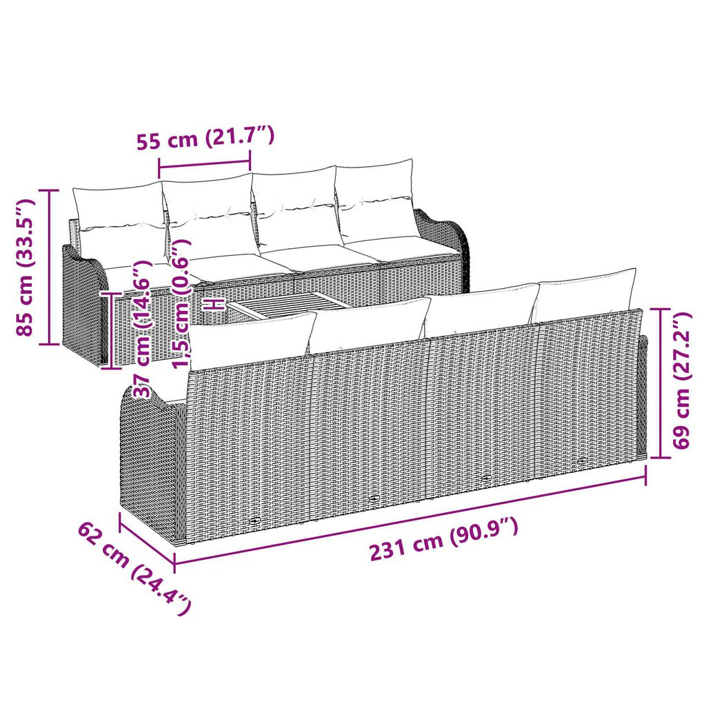 vidaXL 9 Piece Garden Sofa Set with Cushions Grey Poly Rattan Acacia