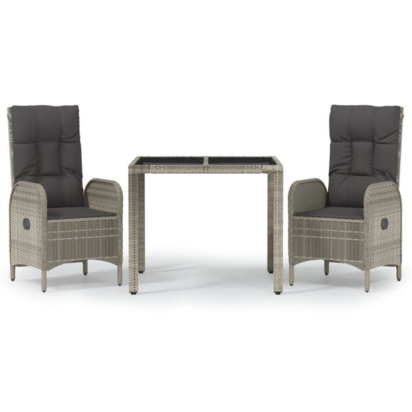 vidaXL 3 Piece Garden Dining Set with Cushions Grey Poly Rattan
