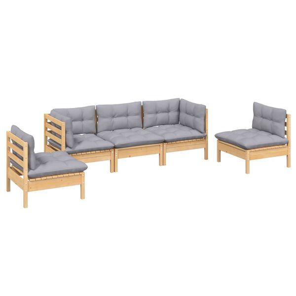 vidaXL 5 Piece Garden Lounge Set with Grey Cushions Solid Pinewood