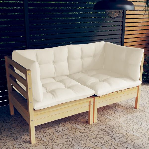 vidaXL 2-Seater Garden Sofa with Cream Cushions Solid Wood Pine