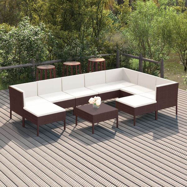 vidaXL 10 Piece Garden Lounge Set with Cushions Poly Rattan Brown