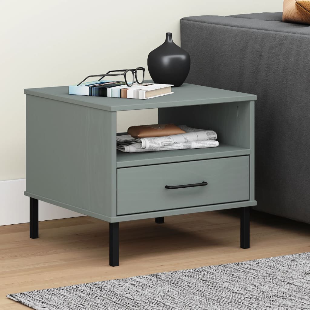 vidaXL Bedside Table with Metal Legs Grey Solid Wood Pine OSLO