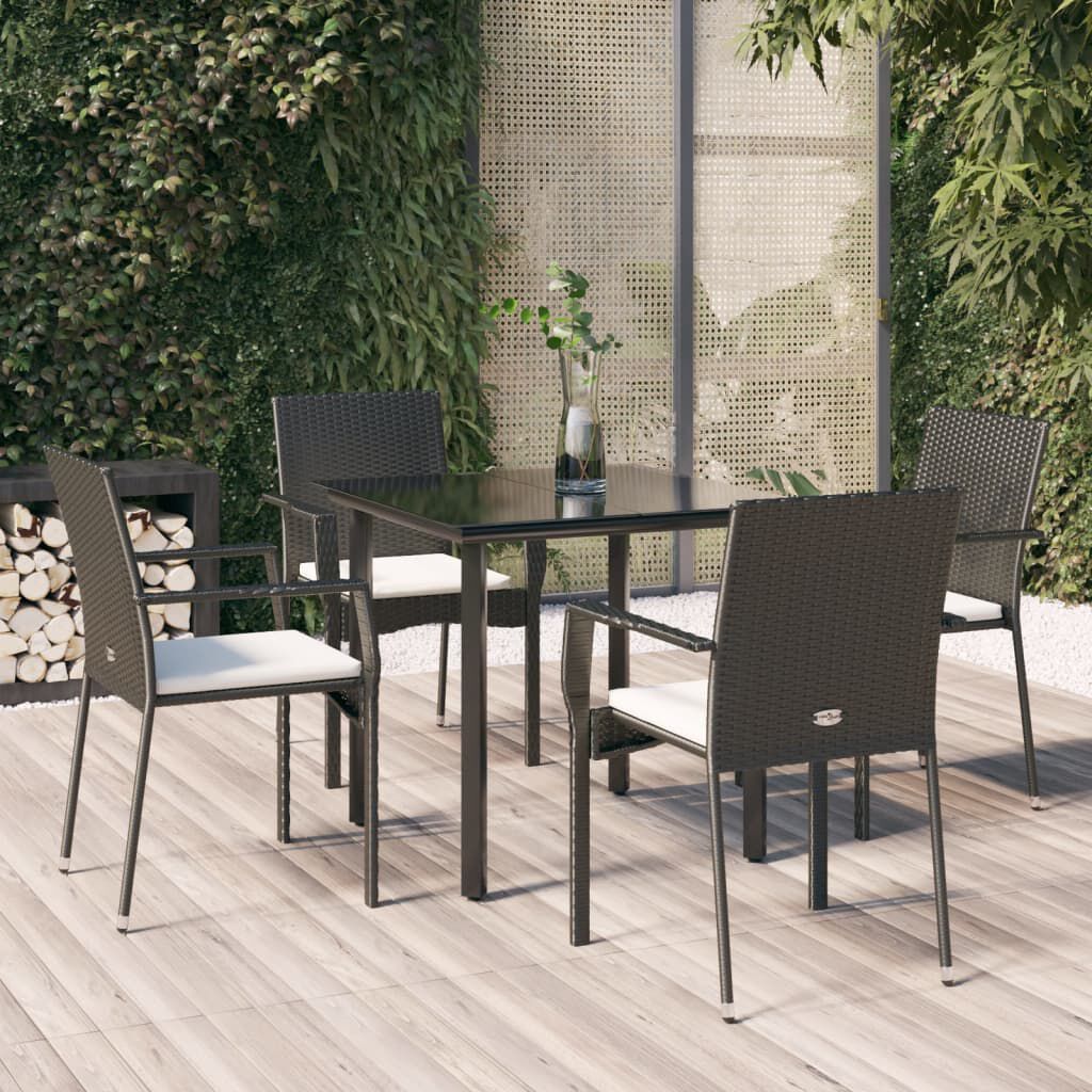 vidaXL 5 Piece Garden Dining Set with Cushions Black Poly Rattan