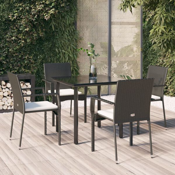 vidaXL 5 Piece Garden Dining Set with Cushions Black Poly Rattan