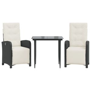 vidaXL 3 Piece Bistro Set with Cushions Black Poly Rattan