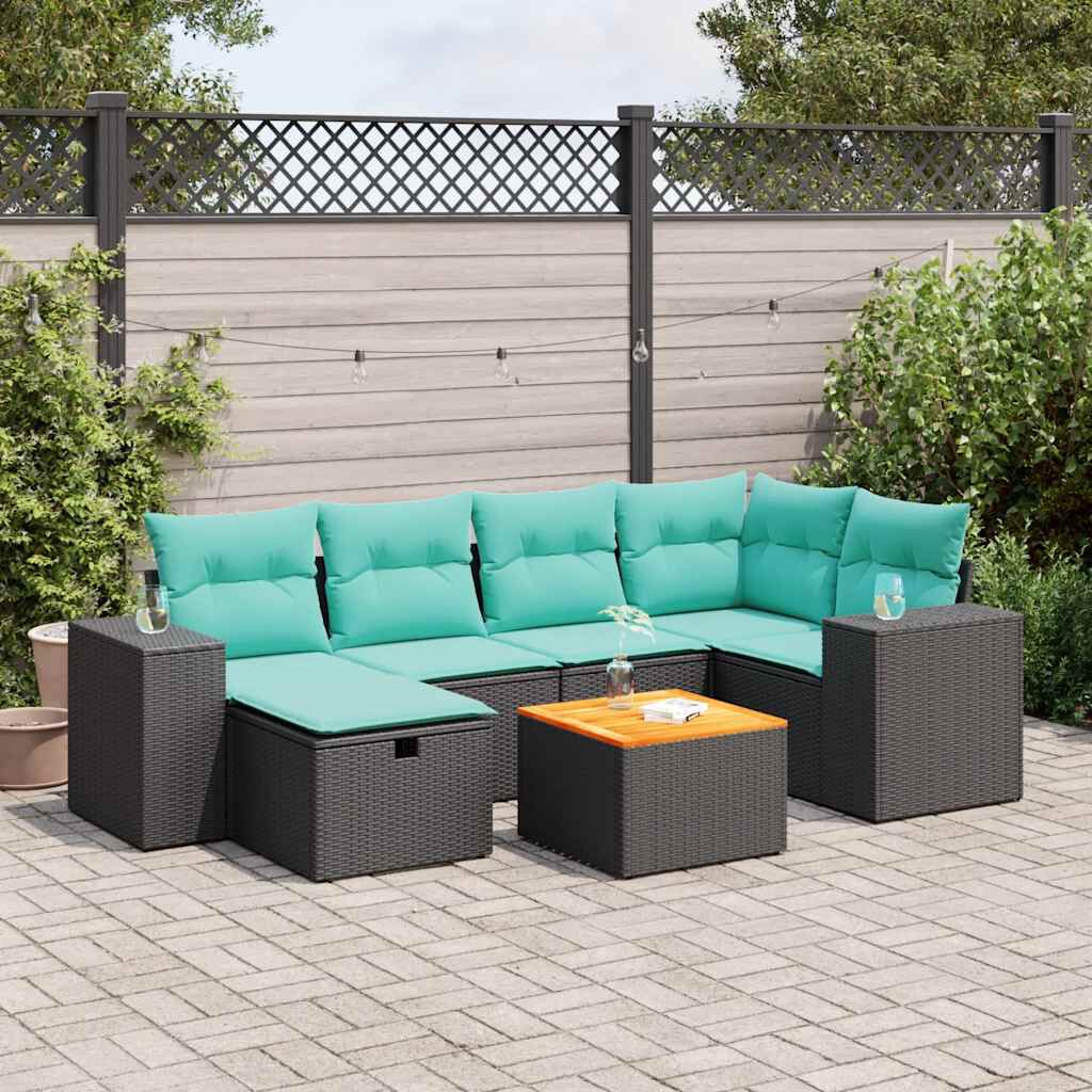 vidaXL 7 Piece Garden Sofa Set with Cushions Black Poly Rattan