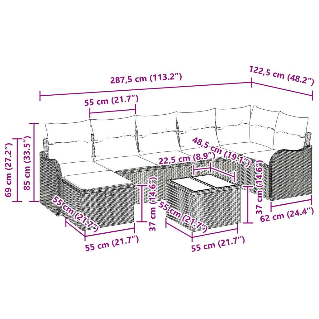 vidaXL 8 Piece Garden Sofa Set with Cushions Grey Poly Rattan