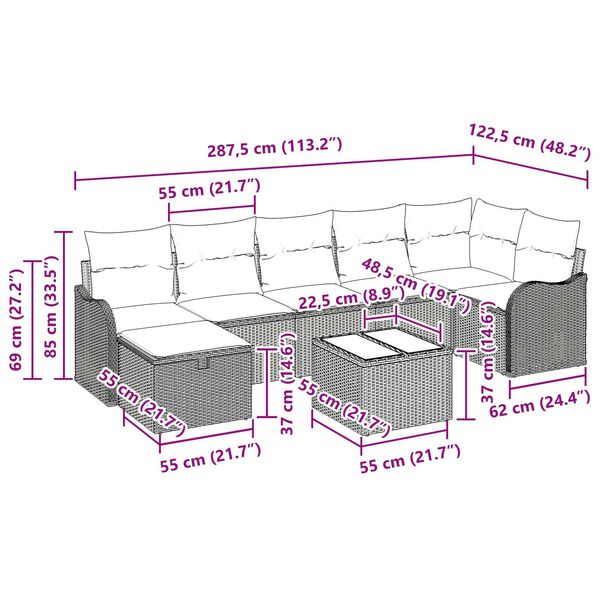 vidaXL 8 Piece Garden Sofa Set with Cushions Grey Poly Rattan