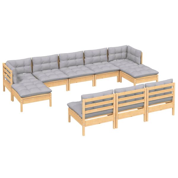 vidaXL 10 Piece Garden Lounge Set with Grey Cushions Pinewood