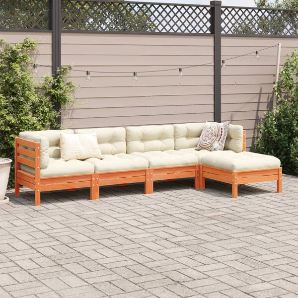 vidaXL 5 Piece Garden Sofa Set with Cushions Wax Brown Solid Wood Pine