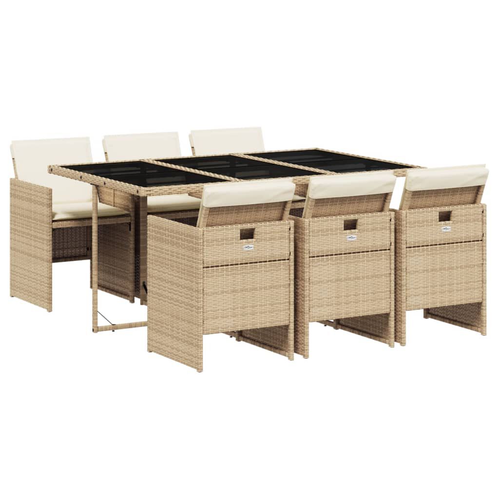 vidaXL 7 Piece Garden Dining Set with Cushions Beige Poly Rattan