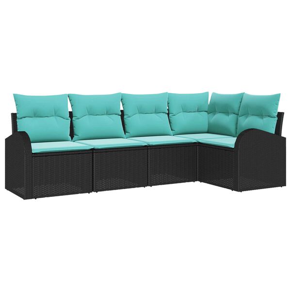 vidaXL Sofa Set with Cushion 5 pcs Black and turquoise Poly Rattan