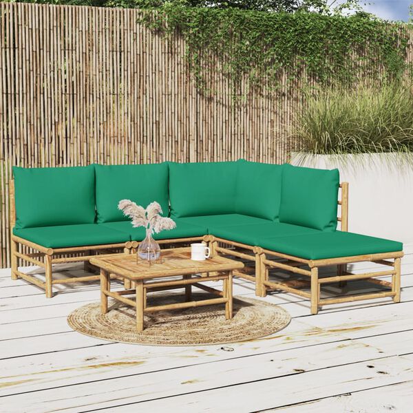 vidaXL 6 Piece Garden Lounge Set with Green Cushions Bamboo