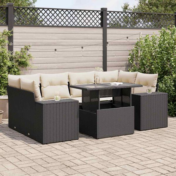 vidaXL 7 Piece Garden Sofa Set with Cushions Black Poly Rattan