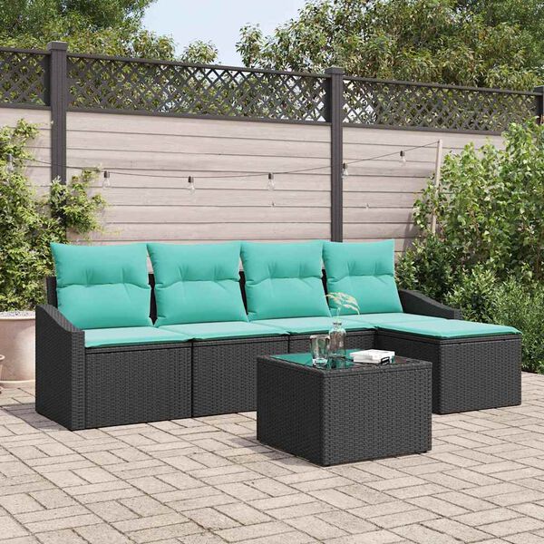 vidaXL Sofa Set with Cushion 6 pcs Black and Turquoise Poly Rattan